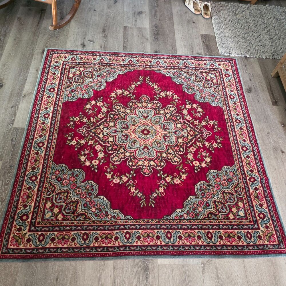 Oriental Vintage 5ftx5ft Square Rug Turquoise Red Wool Geometric Floral
